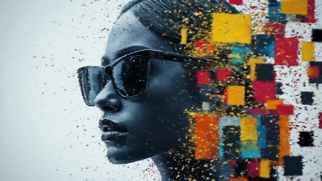 Abstract portrait of african woman wearing sunglasses with vibrant geometric elements. March 8, International Women's Day