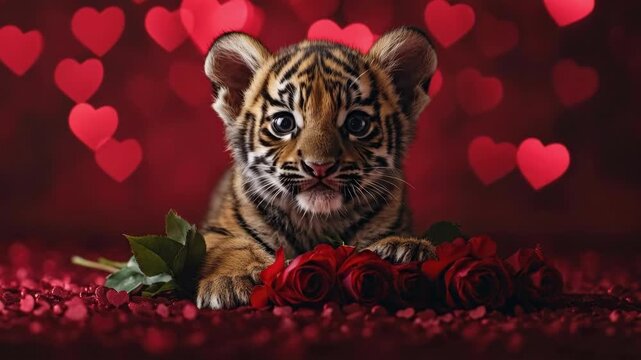 Adorable tiger cub with red roses on heart-patterned background. The 14th of February. Happy Valentine's Day