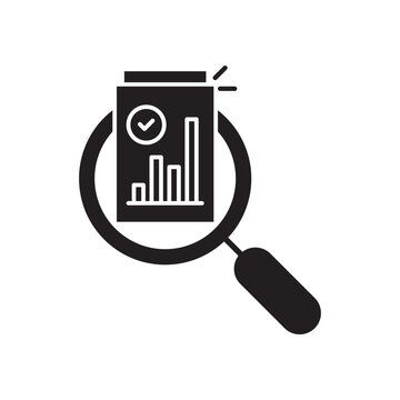 black magnifier like income scrutiny overview icon. flat trend silhouette simple exam or profit logotype web design isolated on white. concept of inspection pictogram or survey symbol