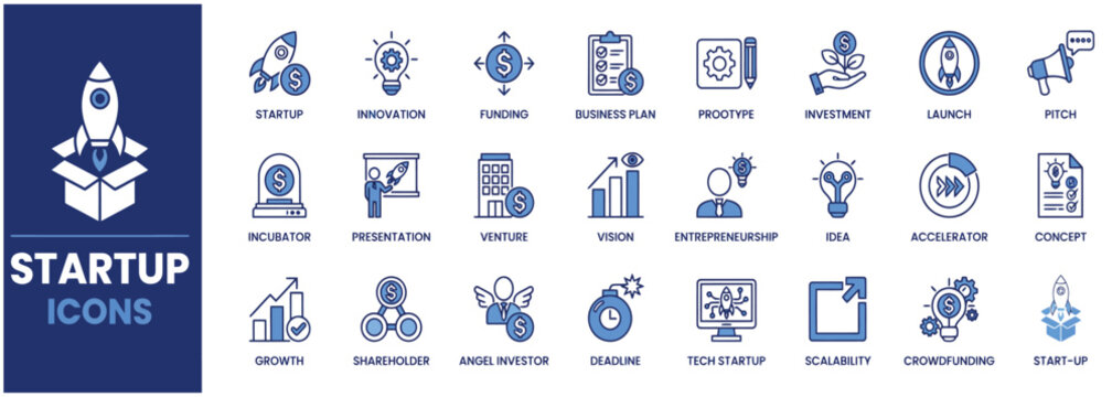 Startup business process icons set with blue flat design elements for entrepreneurship planning and corporate management projects.