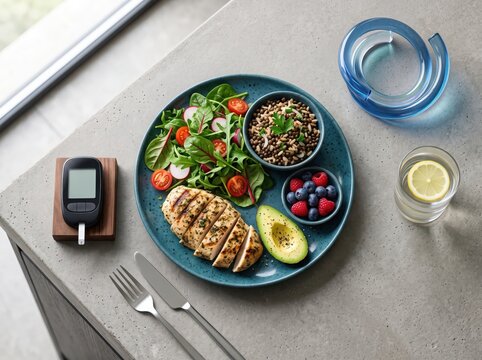 Balanced Healthy Meal with Glucose Meter for Diabetes Management