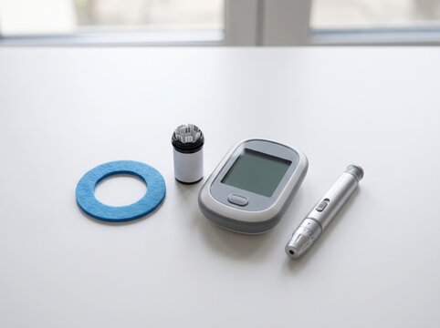 World Diabetes Day Blue Circle with Blood Glucose Meter and Test Strips