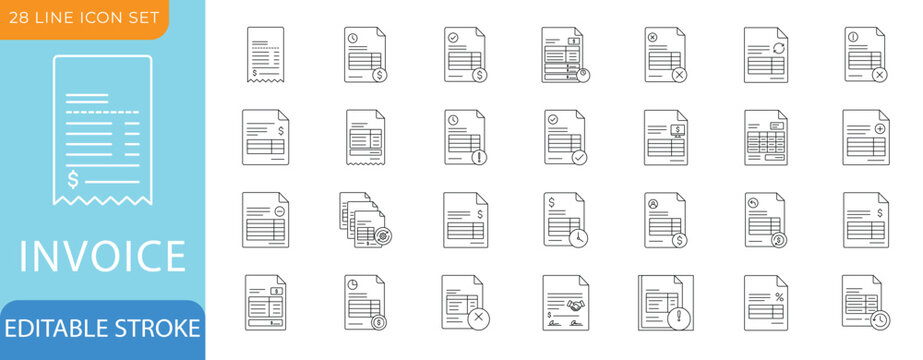 Invoice Line Icon Set.Retainer,Receipt,Bill,Payment,Unpaid,Tax,and Commercial.Editable Vectors