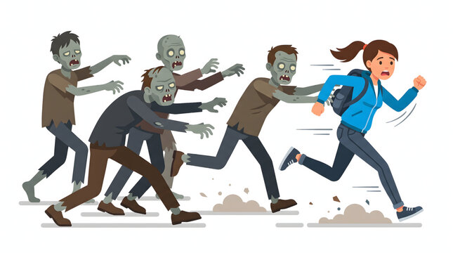 Scary zombie horde chasing people in a city street vector illustration