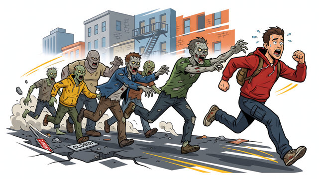 Group of scary zombies chasing in a dark forest vector illustration