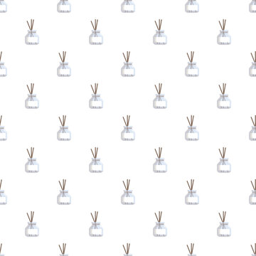 Reed diffuser bottles with sticks spreading fragrance in a seamless background pattern
