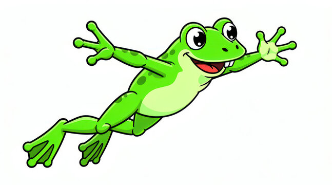 Happy green cartoon frog jumping in the air isolated on white