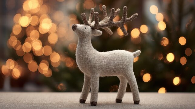 A knitted reindeer figurine stands on a surface with warm, festive bokeh lights glowing in the background.