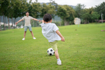 Obraz premium Back view of a young kid son playing soccer or football with his father on grass field in the park.