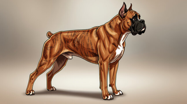 Muscular brindle boxer dog standing in side profile view