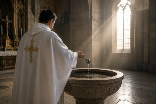 Priest in white robe blessing holy water at stone font, sanctifying ritual in empty church interior