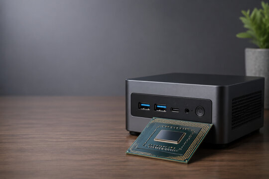 Mini PC with computer chip on desk, technology and compact computing concept