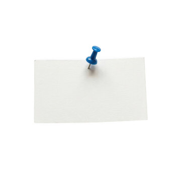 Blank white paper note pinned with a blue push pin