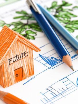 A small wooden house labeled "Future" sits among architectural sketches and colored pencils, symbolizing planning and design for future homes or projects.