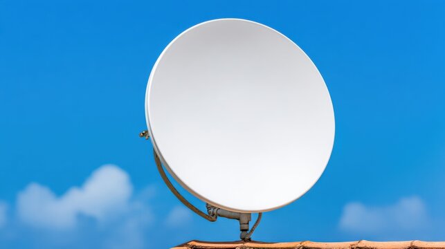 A white satellite dish mounted on a rooftop against a clear blue sky with a few clouds.