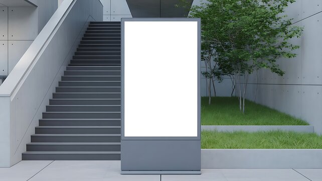 Empty vertical advertising billboard mockup placed in front of a modern concrete staircase with green garden area and minimalist architectural