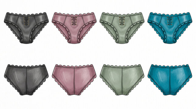 Women's Underwear Collection Illustration Set with Lace Up and Scalloped Panties