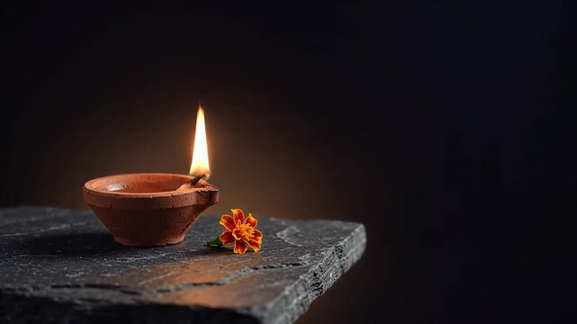 Happy diwali celebration with traditional clay diya lamp and marigold