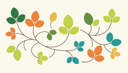 Obraz premium Whimsical illustration of elegant curly branches decorated with colorful autumn leaves on a soft beige background.