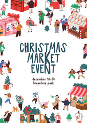 Naklejka premium Christmas market card, winter holiday fair poster. Seasonal Xmas and New Year festival, placard design, invite flyer template. Fest promotion, advertising background. Flat vector illustration