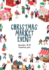Christmas market card, winter holiday fair poster. Seasonal Xmas and New Year festival, placard design, invite flyer template. Fest promotion, advertising background. Flat vector illustration © Good Studio