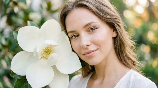 Elegant Woman Holding a Large White Magnolia Bloom in Soft Natural Outdoor Lighting