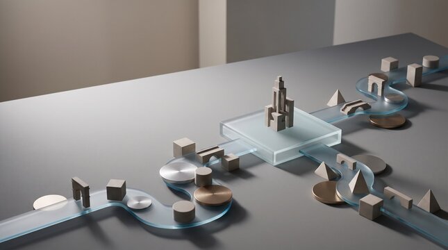 Minimalist Geometric blocks representing building components on a modern architectural construction supply chain flow system