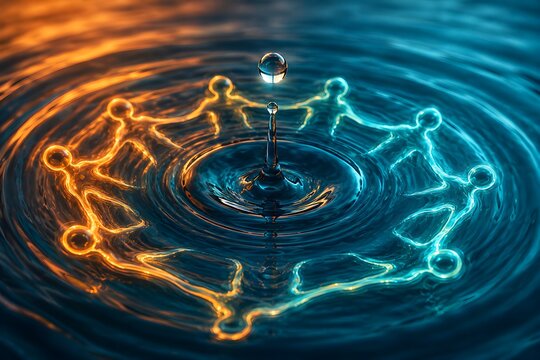 Water Drop Impact Creating Ripple Effect with Glowing Human Figures in Circle Concept