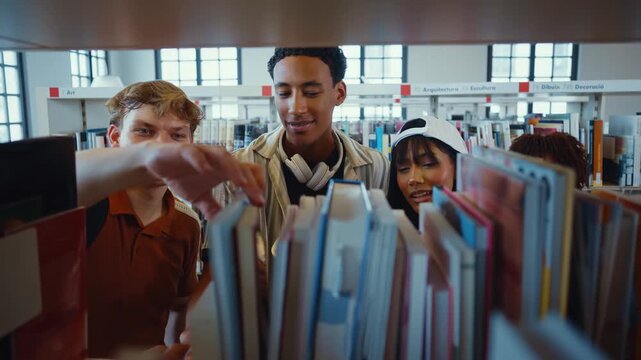 Multiethnic students finding books in library bookshelf