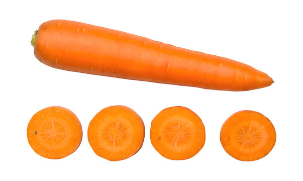 Fresh whole carrot and four round sliced pieces arranged horizontally with orange carrot slices raw vegetable root vegetable vitamin a beta carotene vegetable healthy food nutrition