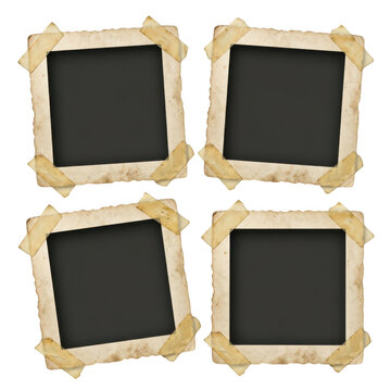 Four vintage square photo frames with masking tape corners