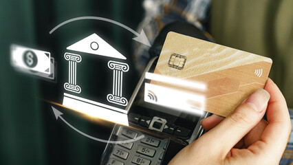 Plakat Online payment process using a bank card and a mobile device at a retail location