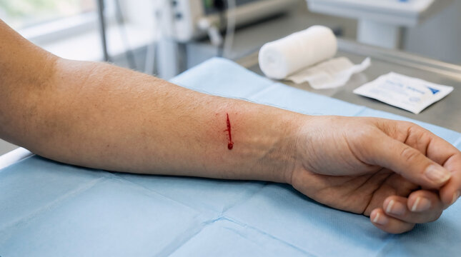 Close-up of a minor forearm abrasion with visible blood on a blue medical drape, illustrating first aid, wound care, and healthcare