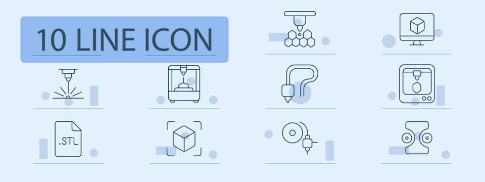 3D printing set icon. Manufacturing machine, prototype model, STL file, scanning frame, additive fabrication, extrusion nozzle, digital design, production workflow, layered object