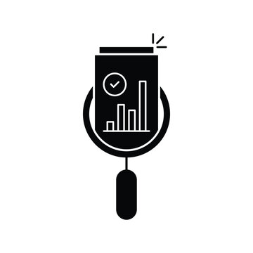 black magnifier like income scrutiny overview icon. flat trend silhourtte simple exam or profit logotype web design isolated on white. concept of inspection pictogram or survey symbol