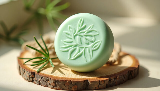 Natural handmade green herbal soap bar with embossed leaf pattern on wooden slice. Organic skincare and body hygiene
