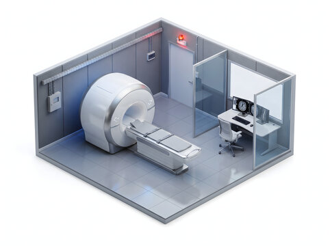 A clean 3D isometric illustration of a medical diagnostic room featuring an MRI scanner machine, a patient table, a control desk with computer monitors displaying brain scans, an office chair, and...