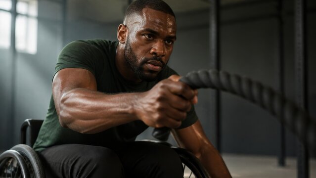 African American man in wheelchair exercising with cable machine at gym. Adaptive fitness training, strength building, rehabilitation, determination, and inclusive wellness concept.