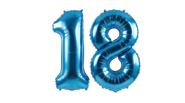 Blue foil balloons in the shape of number 18 isolated on transparent background