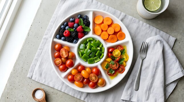 Colorful sliced vegetables and fresh fruits on white plate