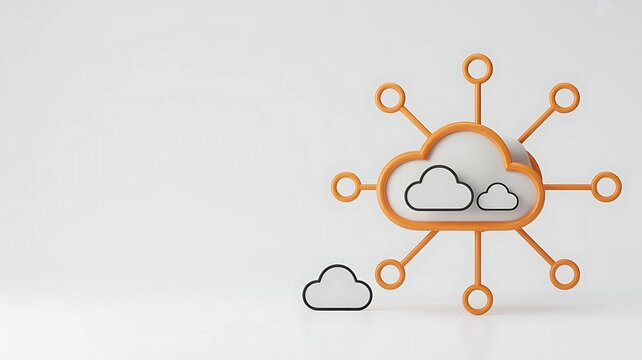 Modern 3d cloud computing symbol with orange frame and connected nodes on a white background, representing digital network and data storage systems