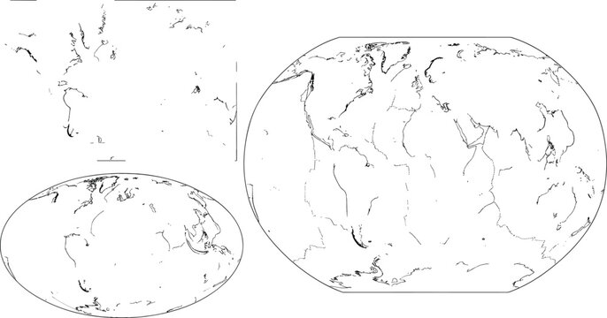 Tectonic plate boundaries world map projections technical line art CAD drawing flat sketch set