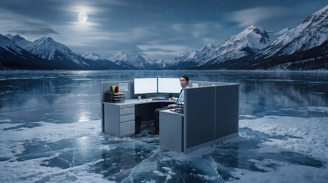 an office worker sitting in a cubicle desk placed alone on a frozen lake surrounded by snowy mountains at night.