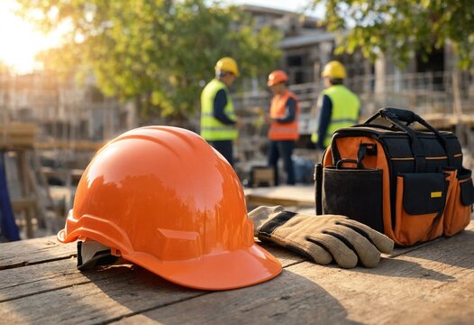 Orange construction helmet, work gloves, and tool bag on a wooden table outdoors, with workers in safety vests blurred behind, emphasizing workplace protection.