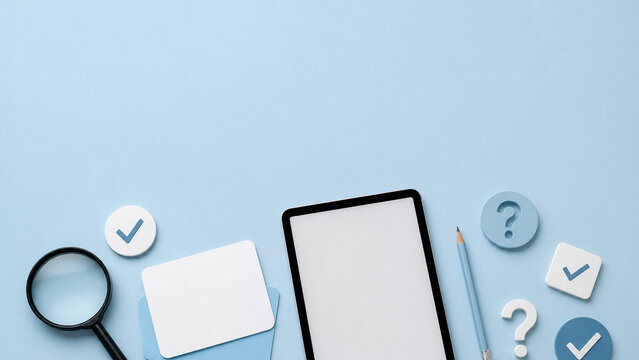 Minimal blue workspace flat lay with tablet, magnifying glass, pencil, checkmarks, question marks, and blank cards for research and decision making.