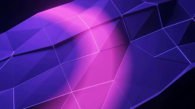 Abstract 3D low poly geometric surface with glowing neon pink edges and purple tones in a digital landscape video clip.