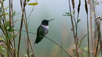 Obraz premium A small hummingbird perches on a thin branch amid tall reeds and soft greenery in a misty tranquil wetland environment