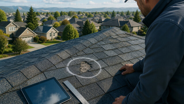 Roof inspector assessing a marked area of damaged asphalt shingles on a suburban home, with a tablet and measuring ruler nearby.
