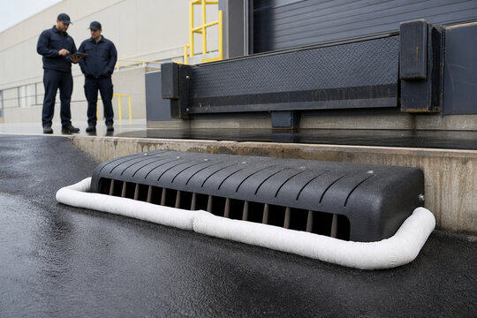 Close view of a protected industrial loading dock entrance with two workers inspecting the facility in the background.