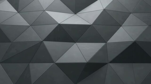 Modern abstract geometric pattern with dark grey triangular panels on a building facade.